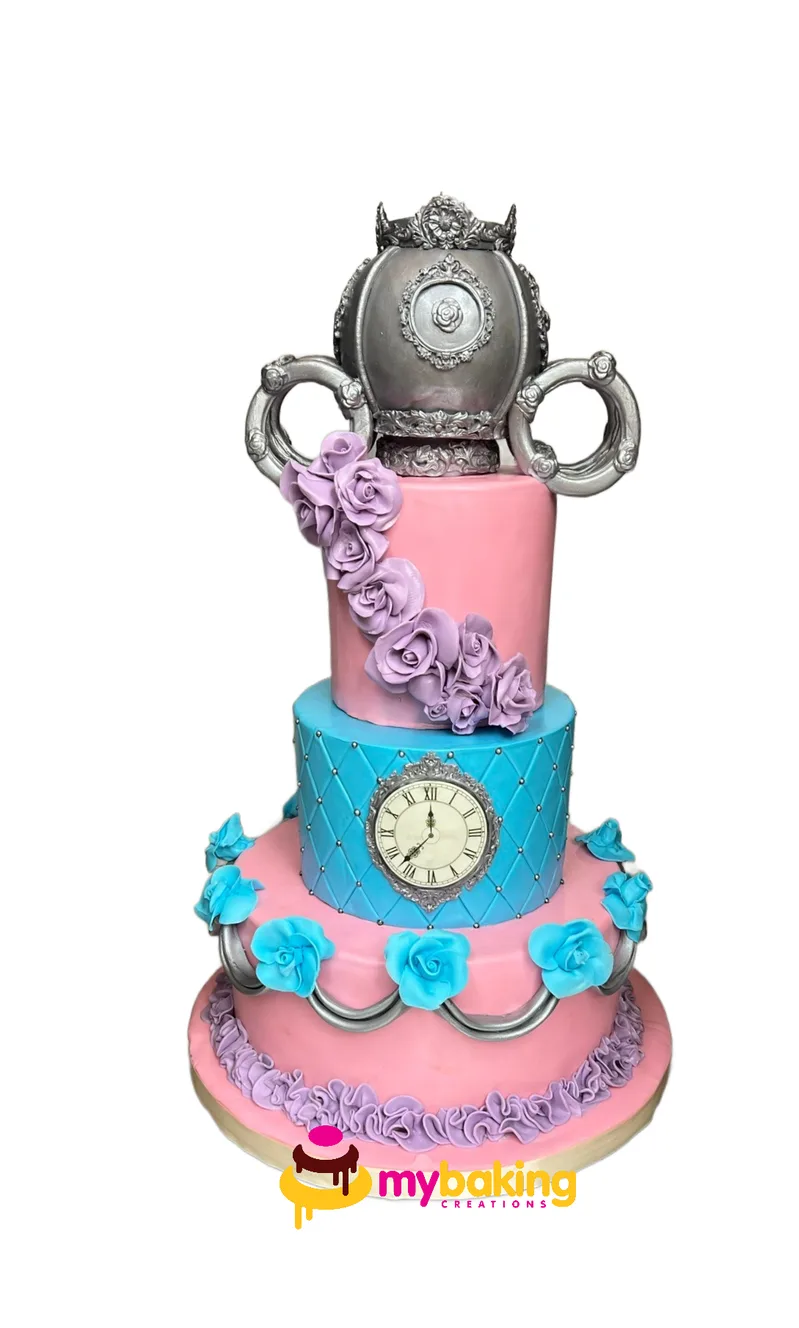 Three-tier quinceañera cake with carriage topper