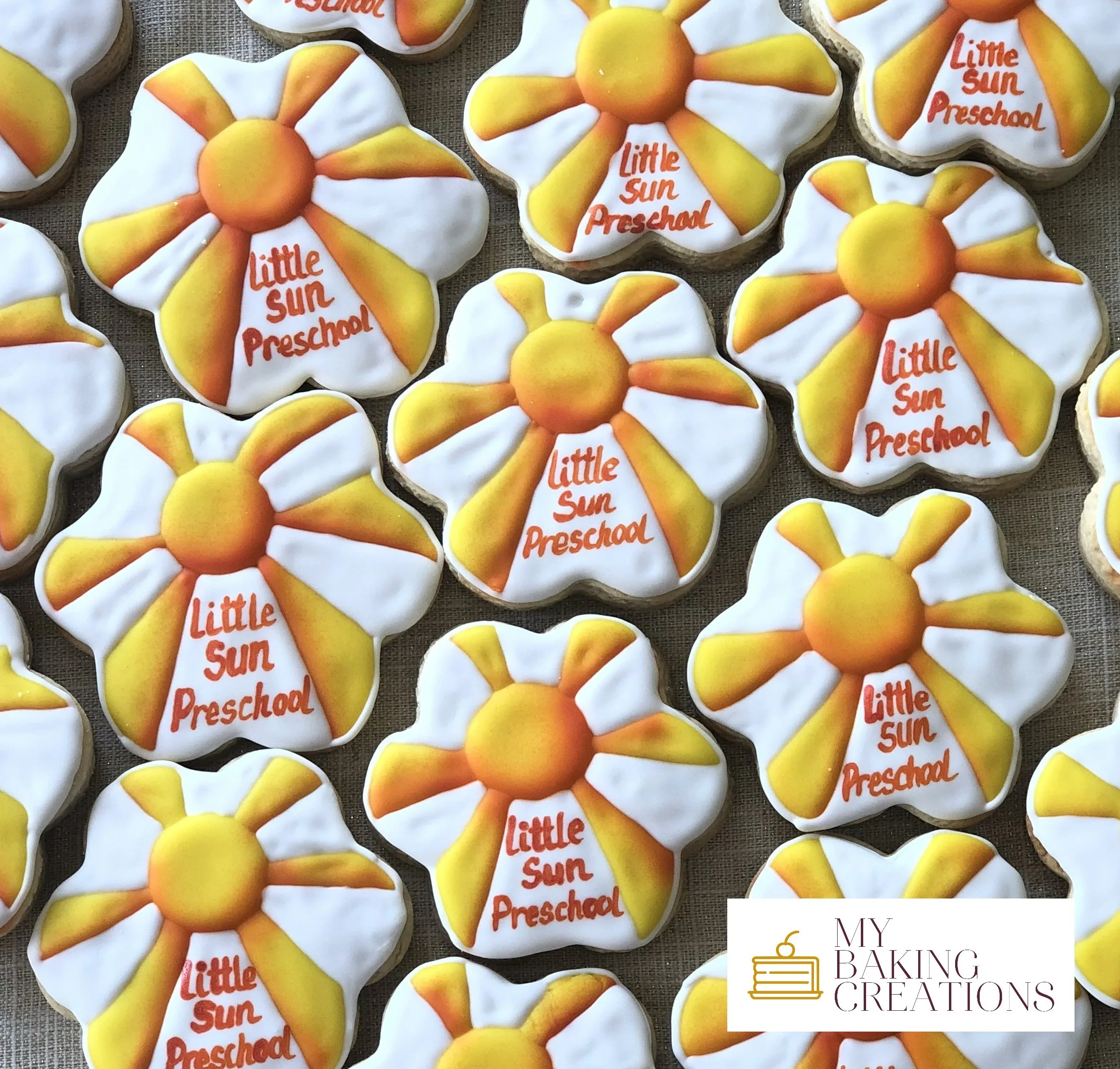 Little Sun Preschool logo hand piped corporate cookies Bay Area